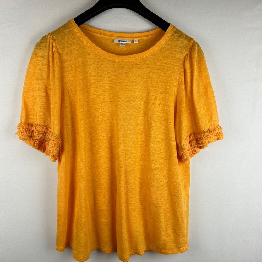 Chico’s orange linen knit ruffle sleeve top size 2/L